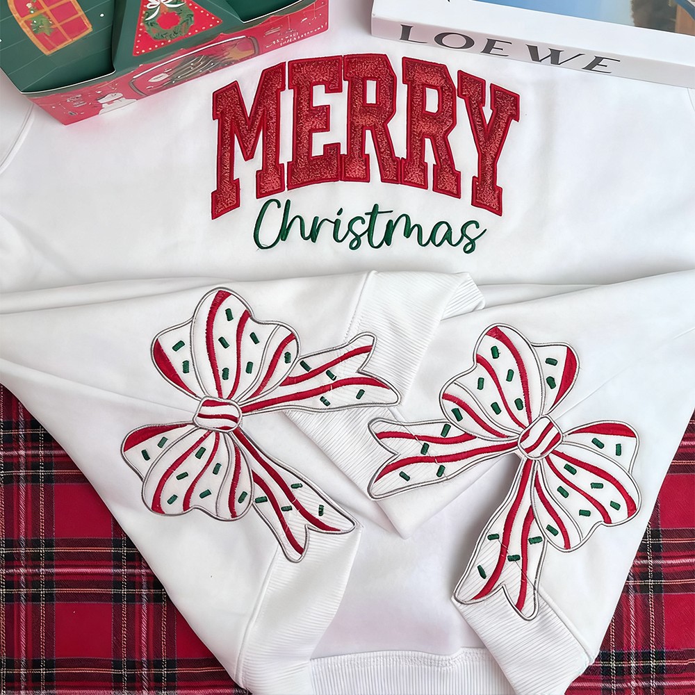 Personalized Embroidered Christmas Side Bow Cut-Out Sweatshirt with Name Christmas Embellished Funny Sweatshirt Christmas Gifts