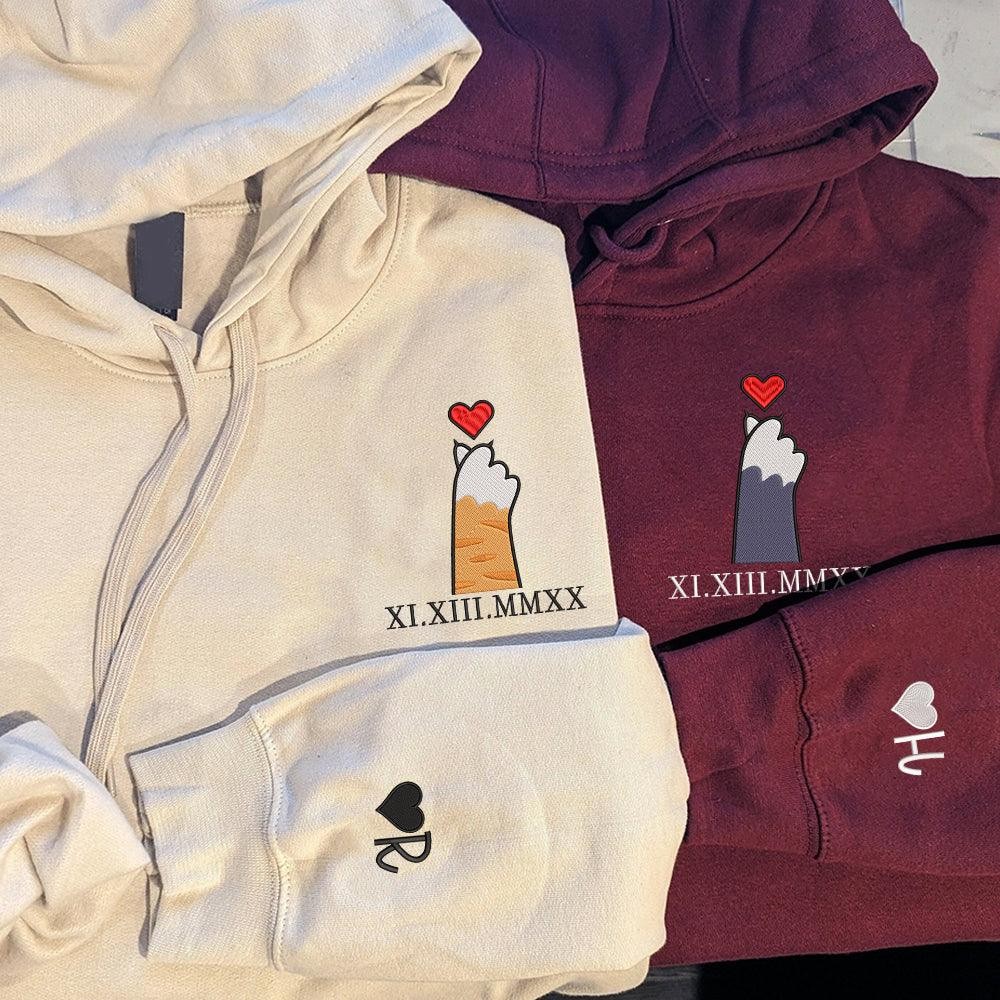 Personalized Embroidered Roman Numeral Hoodie Couples Gift Date Hoodie Initial on Sleeve Engagements 1st Anniversary Gift