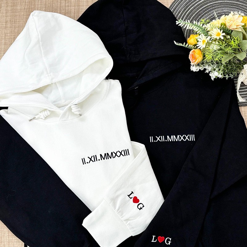 Personalized Embroidered Roman Numeral Sweatshirt Couples Gift Date Hoodie Initial on Sleeve Engagements 1st Anniversary Gift