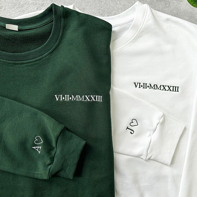 Personalized Embroidered Roman Numeral Hoodie Couples Gift Date Hoodie Initial on Sleeve Engagements 1st Anniversary Gift