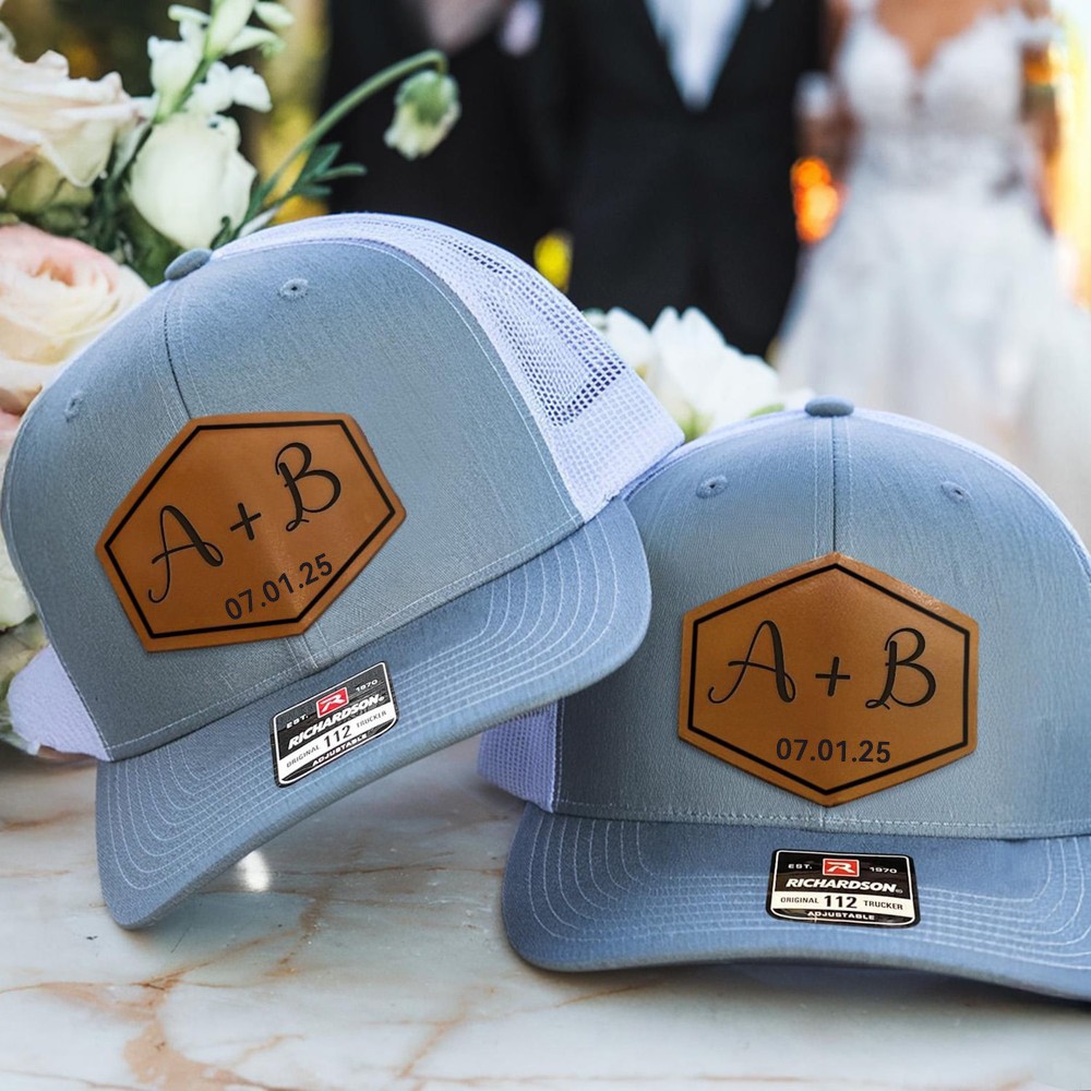 Personalized Grooms Leather Patch Hat with Initials and Wedding Date Groomsman Trucker Hat Wedding Party Hat Wedding Announcement