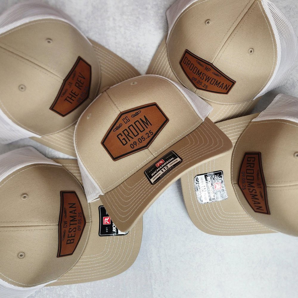 Personalized Grooms Leather Patch Hat with Initials and Wedding Date Groomsman Trucker Hat Wedding Party Hat Wedding Announcement