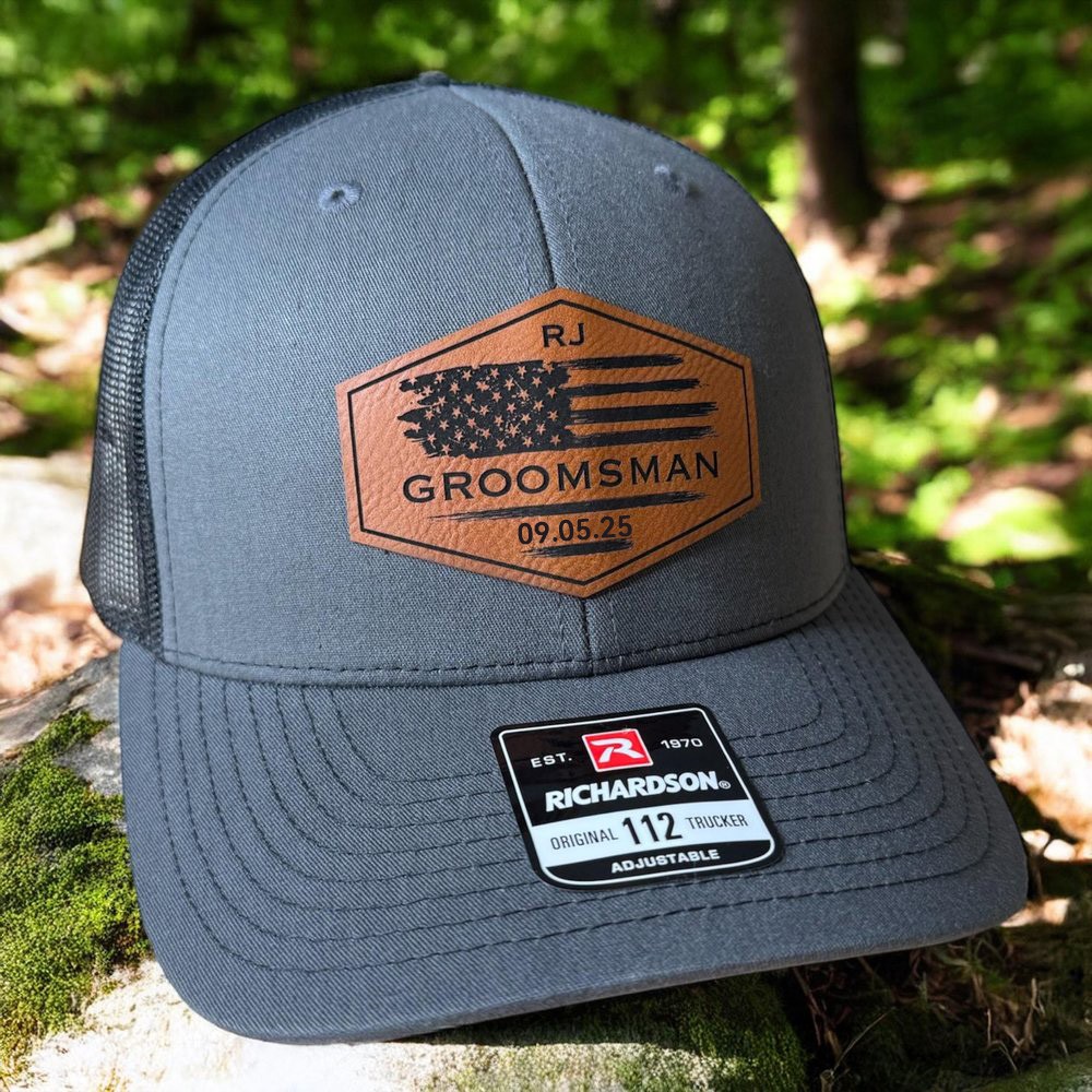 Personalized Grooms Leather Patch Hat with Initials and Wedding Date Groomsman Trucker Hat with Flag Wedding Party Hat Wedding Announcement