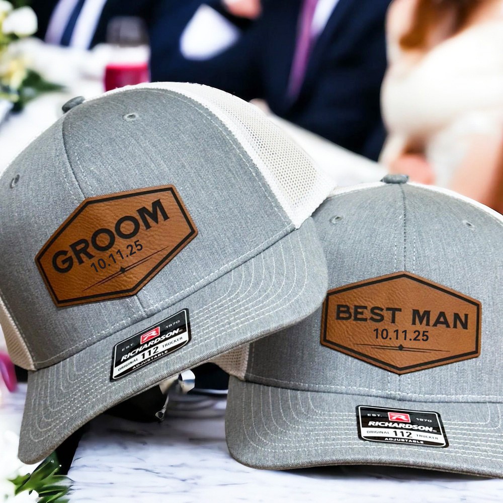 Personalized Grooms Leather Patch Hat with Wedding Date Best Man Trucker Hat  Wedding Day Hat Wedding Announcement