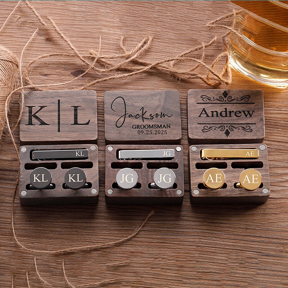 Personalized Engraved Groom Cufflinks with Wooden Boxes Wedding Cufflinks and Tie Clip Set Groomsmen Accessory Best Man Gift