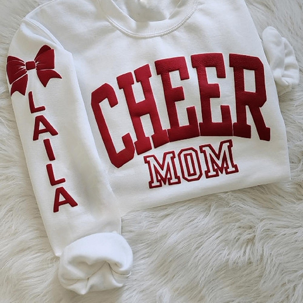 Personalized  Cheer Team Name Sweatshirt with Kids Name on Sleeve Cheer Competition Puff Name Outfit Mothers Day Gifts
