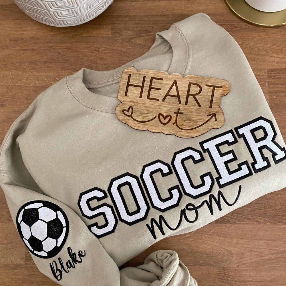 Personalized Embroidered Soccer Mom Sweatshirt with Kids Name on Sleeve Team Crewneck with Glitter HTV Applique Mothers Day Gifts