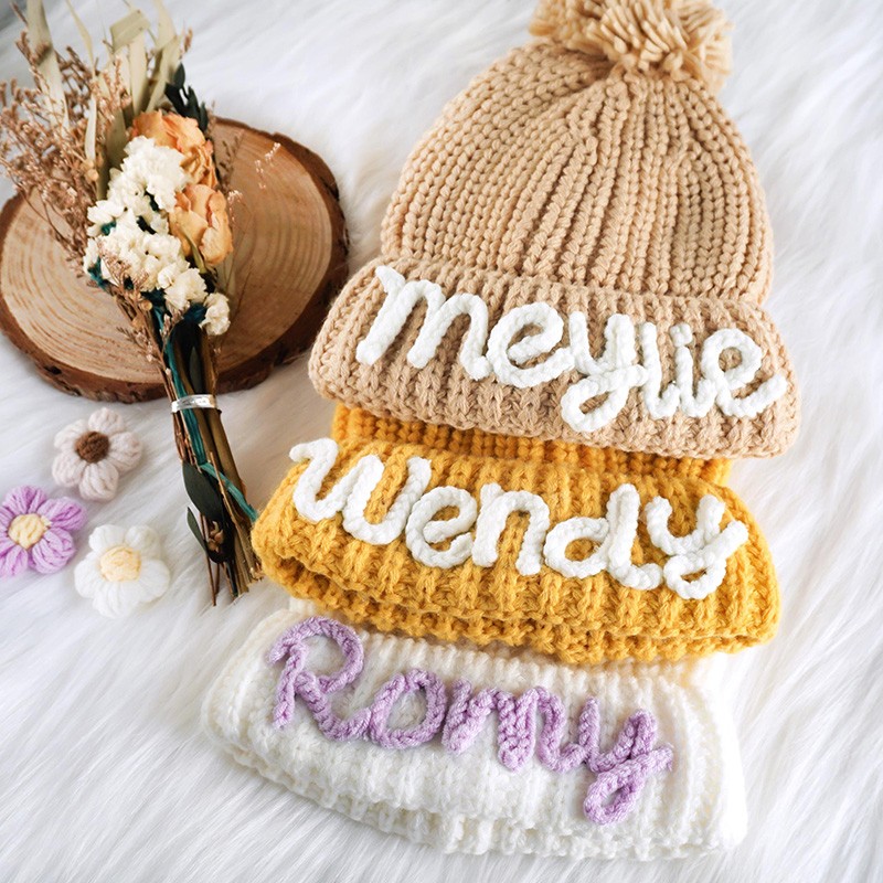 Custom Embroidered Pompom Winter Beanie Hat for Toddler Kids