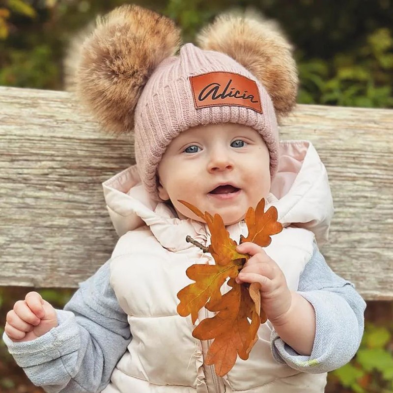 Personalized Baby Double Pom Pom Leather Patch Beanie Newborn Hat Gift Knitted Beanie with Name