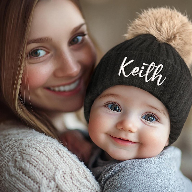 Personalized Baby Pom Pom Embroidered Name Beanie Knitted Hat Newborn Gift