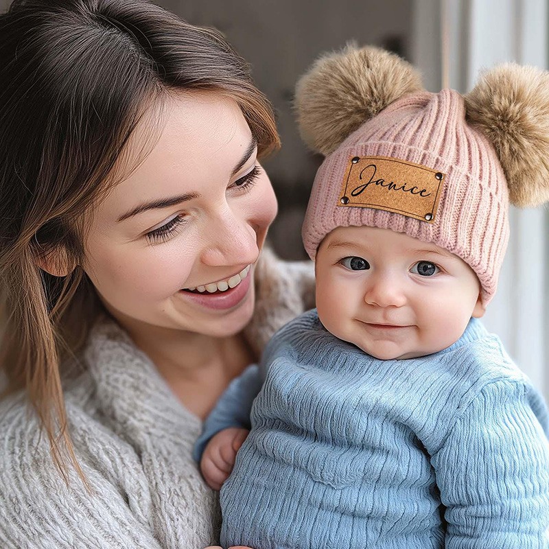 Custom Newborn Baby Pom Beanie Hat with Patch Name