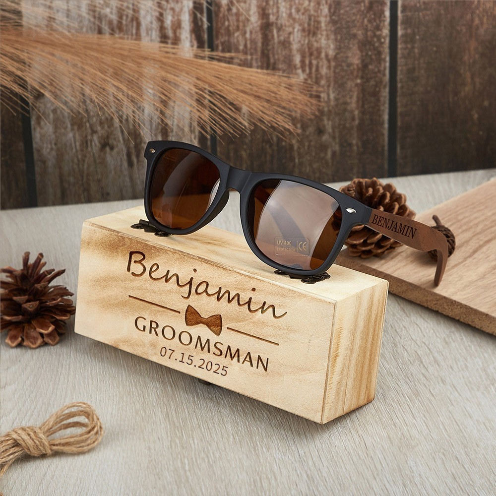 Personalized Groomsmen Sunglasses with Wooden Box Bachelor Party Gift Best Man Proposal