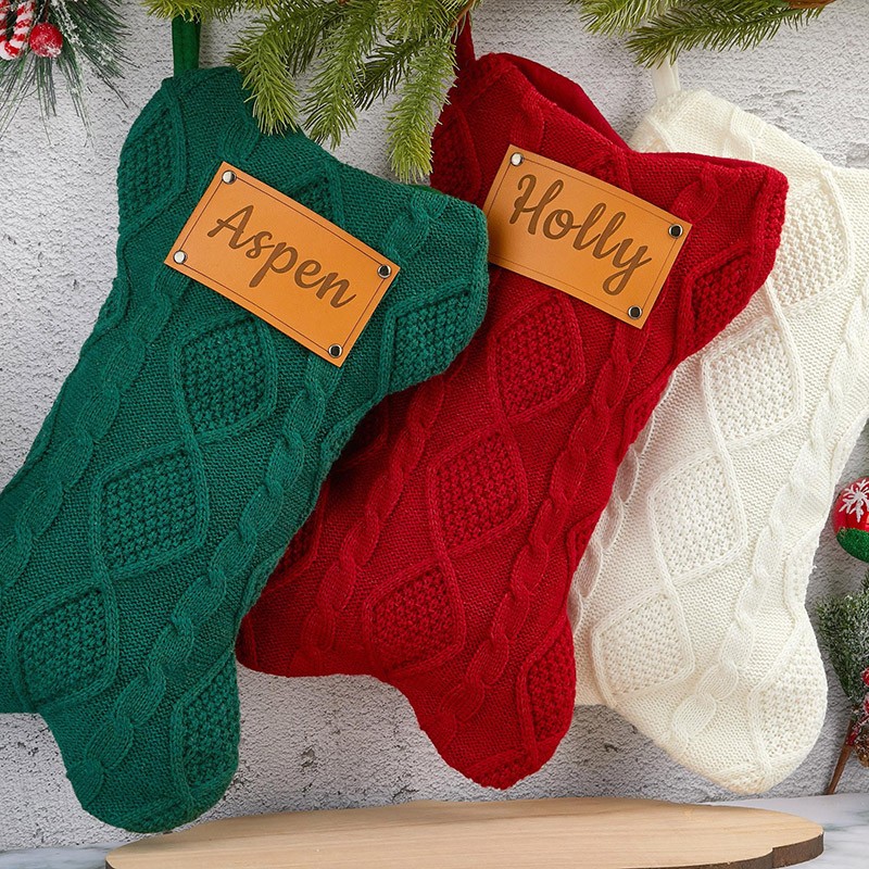 Personalized Dog Bone Christmas Engraved Leather Patch Bone Shaped Dog Stocking with Name