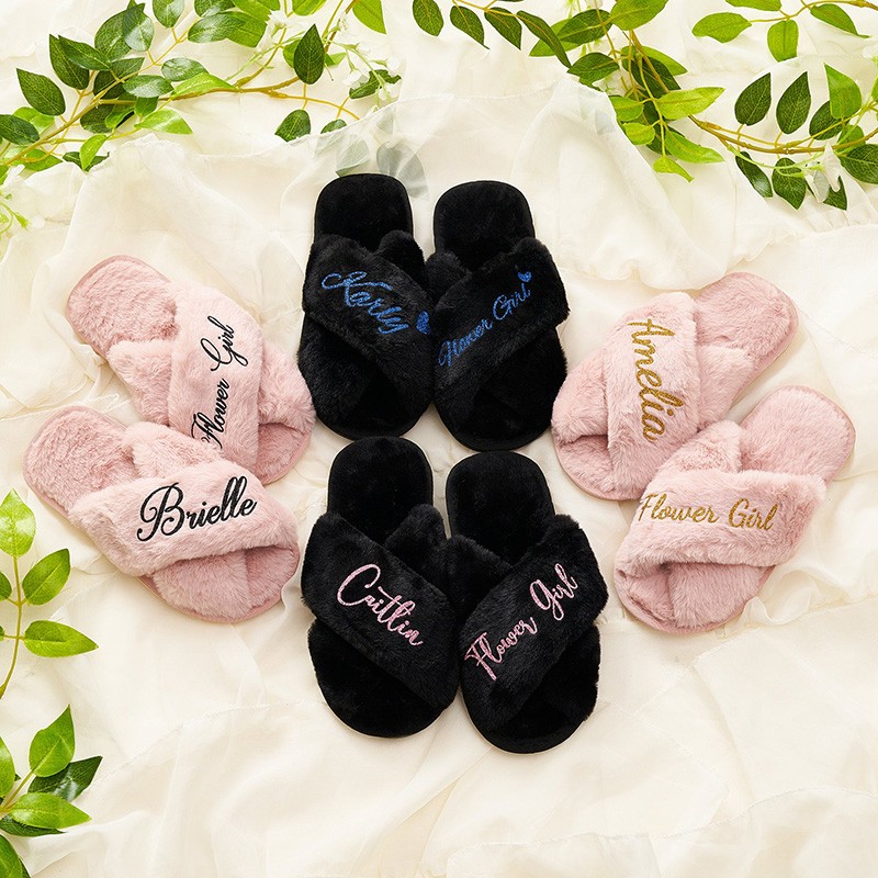 Personalized Flower Girl Slippers Bridesmaid Fluffy Slippers Bridal Shower Gift Bridal Party Gift