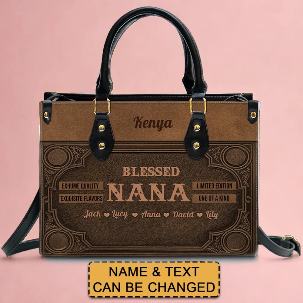 Personalized Blessed Nana Leather Handbags with Kids Name CHRISTIAN ART BAG Mother's Day Gift