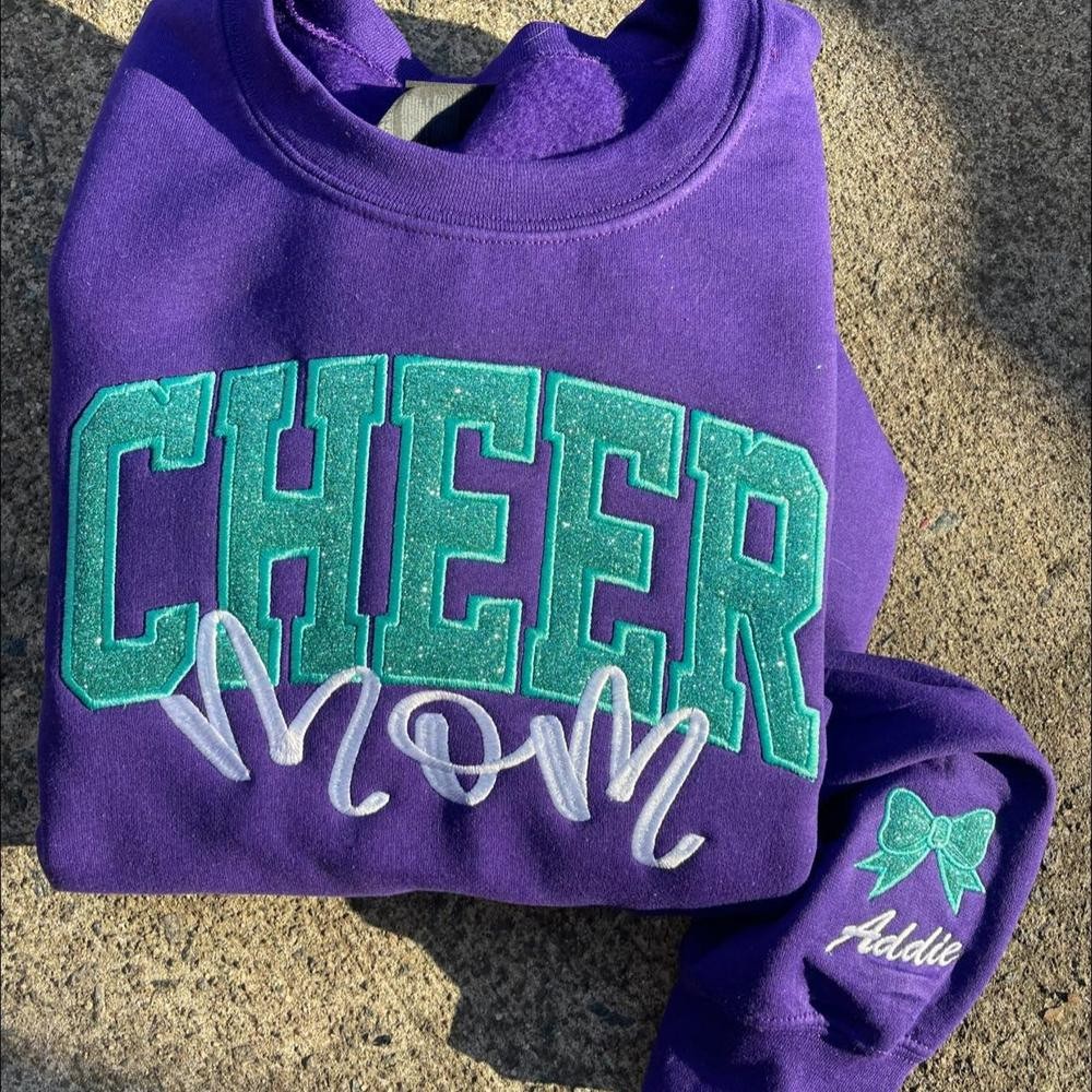 Personalized Embroidered Cheer Mom Sweatshirt with Kids Name on Sleeve Cheer Mom Bow Shirt with Glitter Applique Mothers Day Gifts