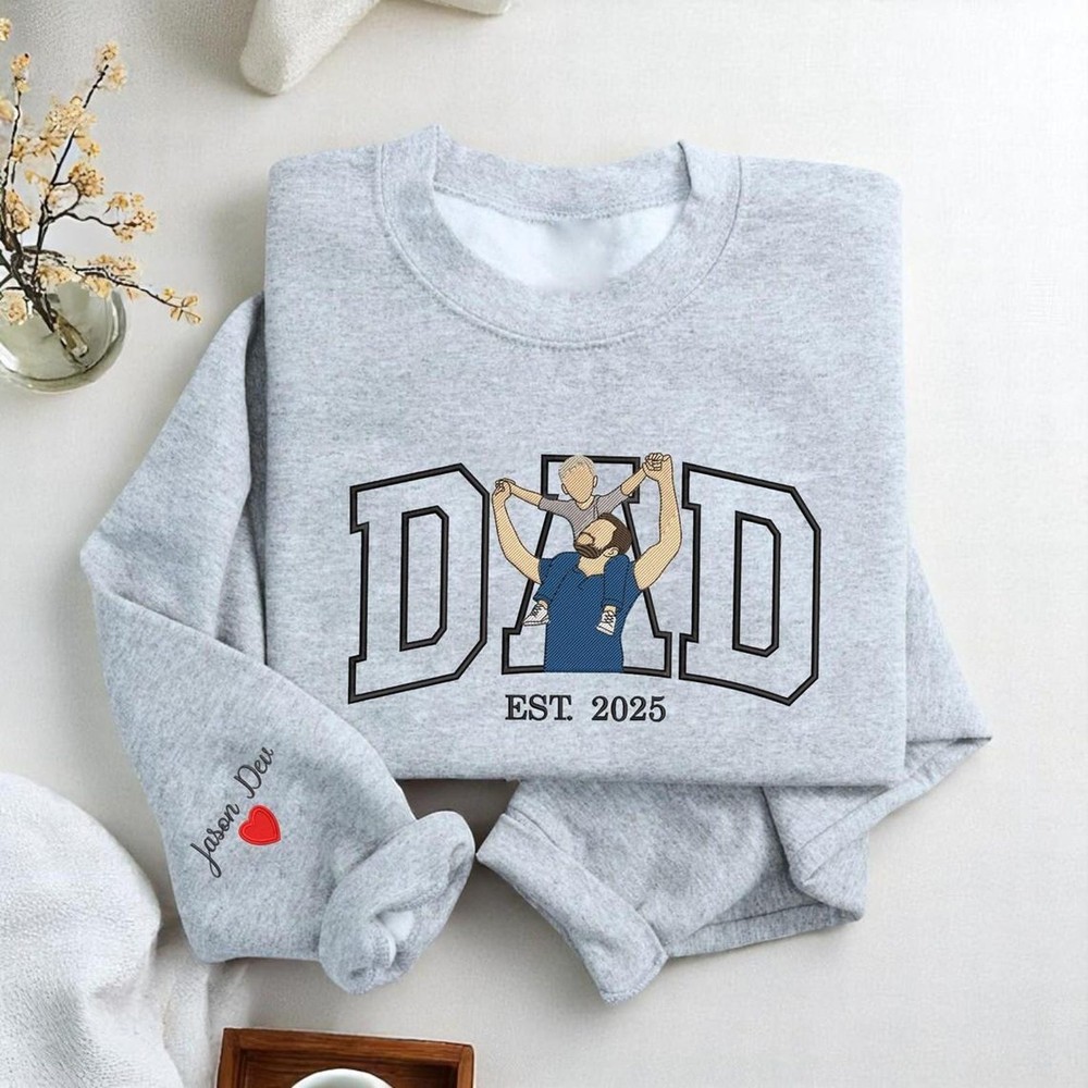 Personalized Embroidered Dad Portrait Hoodie with Kids Name on Sleeve New Dad Drawing Sketch Sweatshirt Fathers Day Gifts