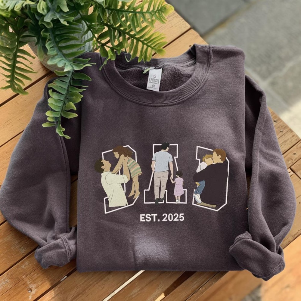 Personalized Embroidered Dad Portrait Hoodie with Kids Names on Sleeve New Dad Sweatshirt Fathers Day Gift