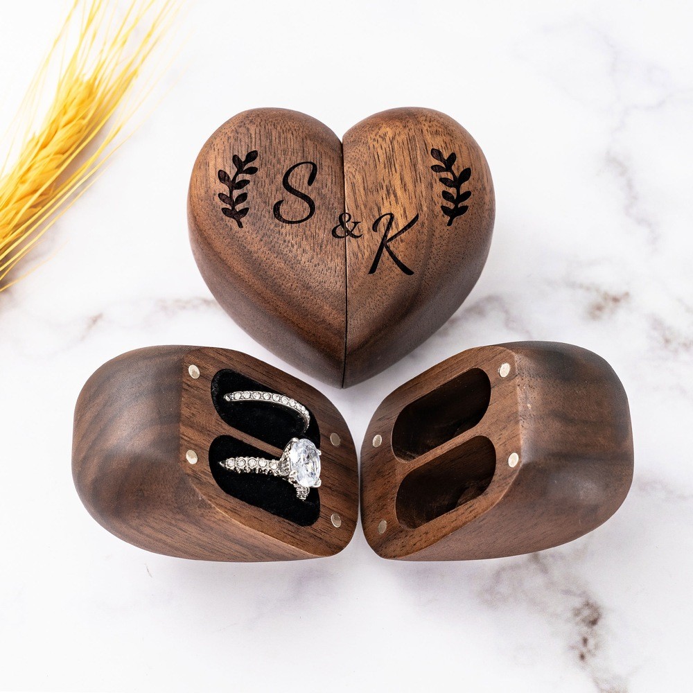 Personalized Wooden Ring Box Heart Shaped Ring Bearer Wedding Engagement Ring Box