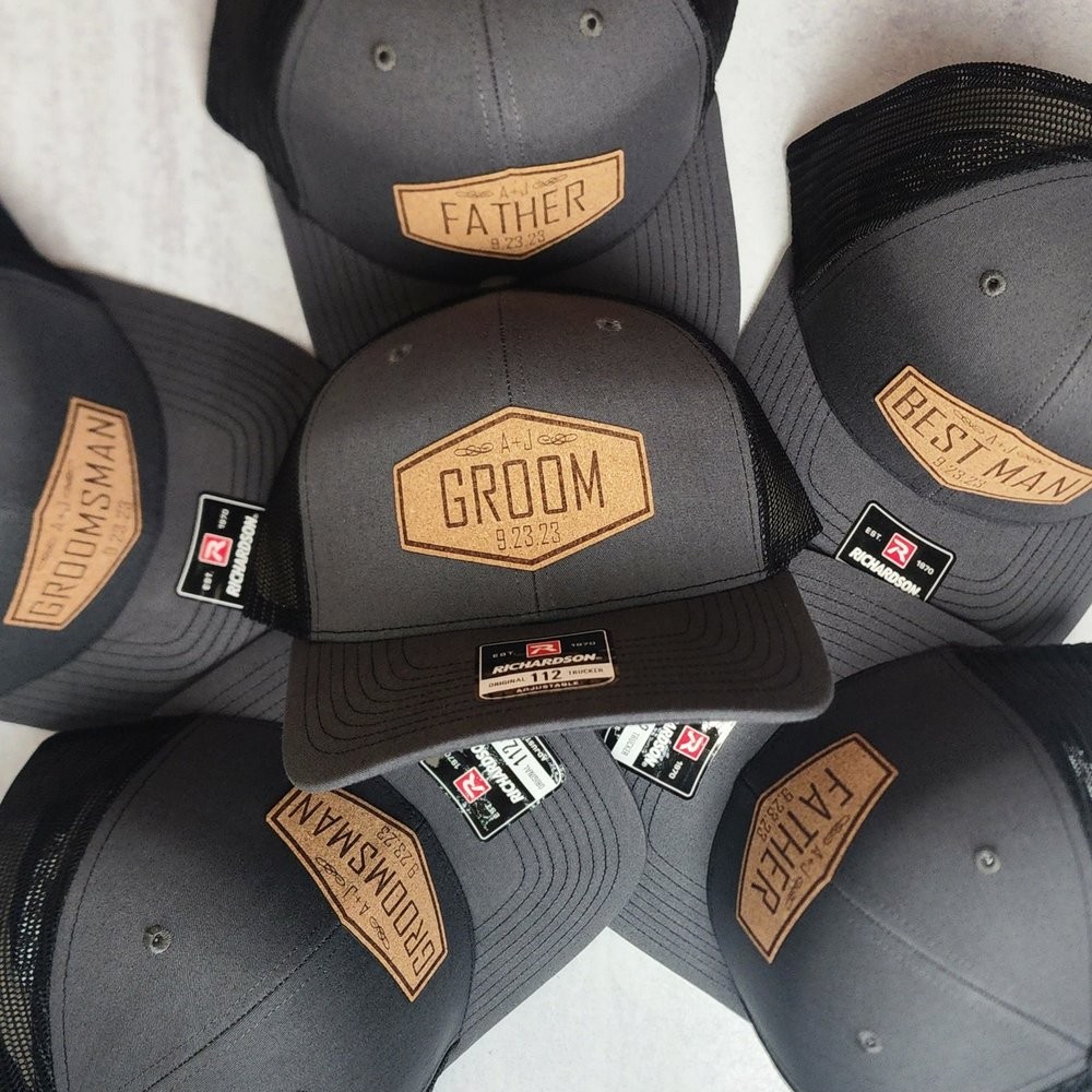 Personalized Grooms Leather Patch Hat with Initials and Wedding Date Groomsman Trucker Hat Wedding Party Hat Wedding Announcement
