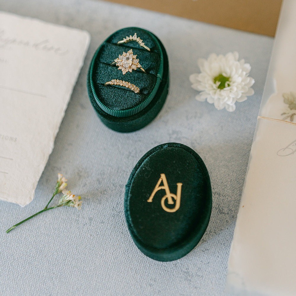 Personalized Triple Slot Velvet Ring Box with Name Initial Wedding Velvet Engagement Modern Ring Box