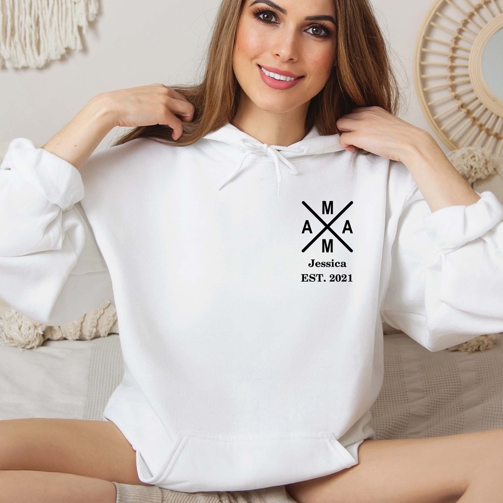 Personalized Mama Hoodie with Kids Name Est Year Mama Sweatshirt Mom's Treasure Hoodie Mothers Day Gifts