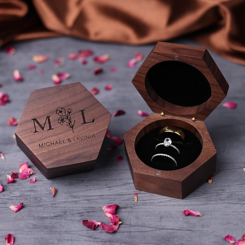 Personalized Triple Ring Box Hexagon Wooden Ring Box for Wedding Ceremony Ring Bearer Ring Box