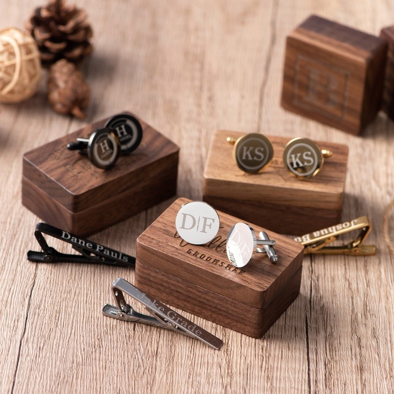 Personalized Engraved Groomsmen Cufflinks with Wooden Boxes Wedding Cufflinks and Tie Clip Set Groomsmen Accessory Bachelor Party Gift
