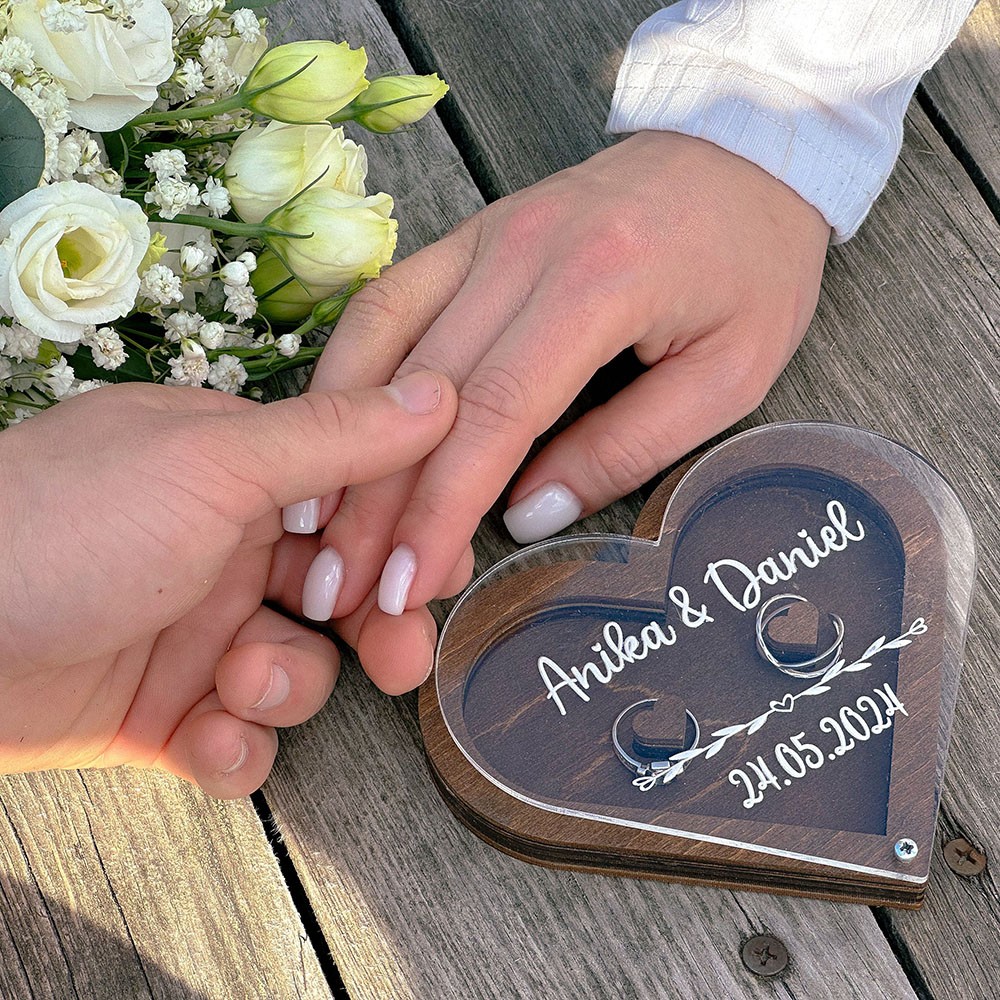 Personalized Rustic Wedding Ring Box for Ceremony Wooden Heart Shaped Ring Bearer Proposal Holder Bridal Gift for Her