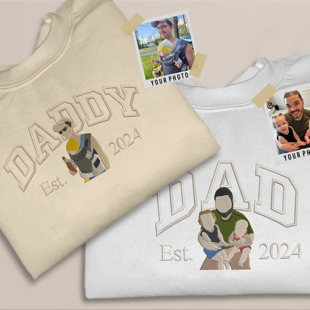 Personalized Embroidered Dad Portrait Hoodie with Kids Name on Sleeve New Dad Drawing Sketch Sweatshirt Fathers Day Gifts
