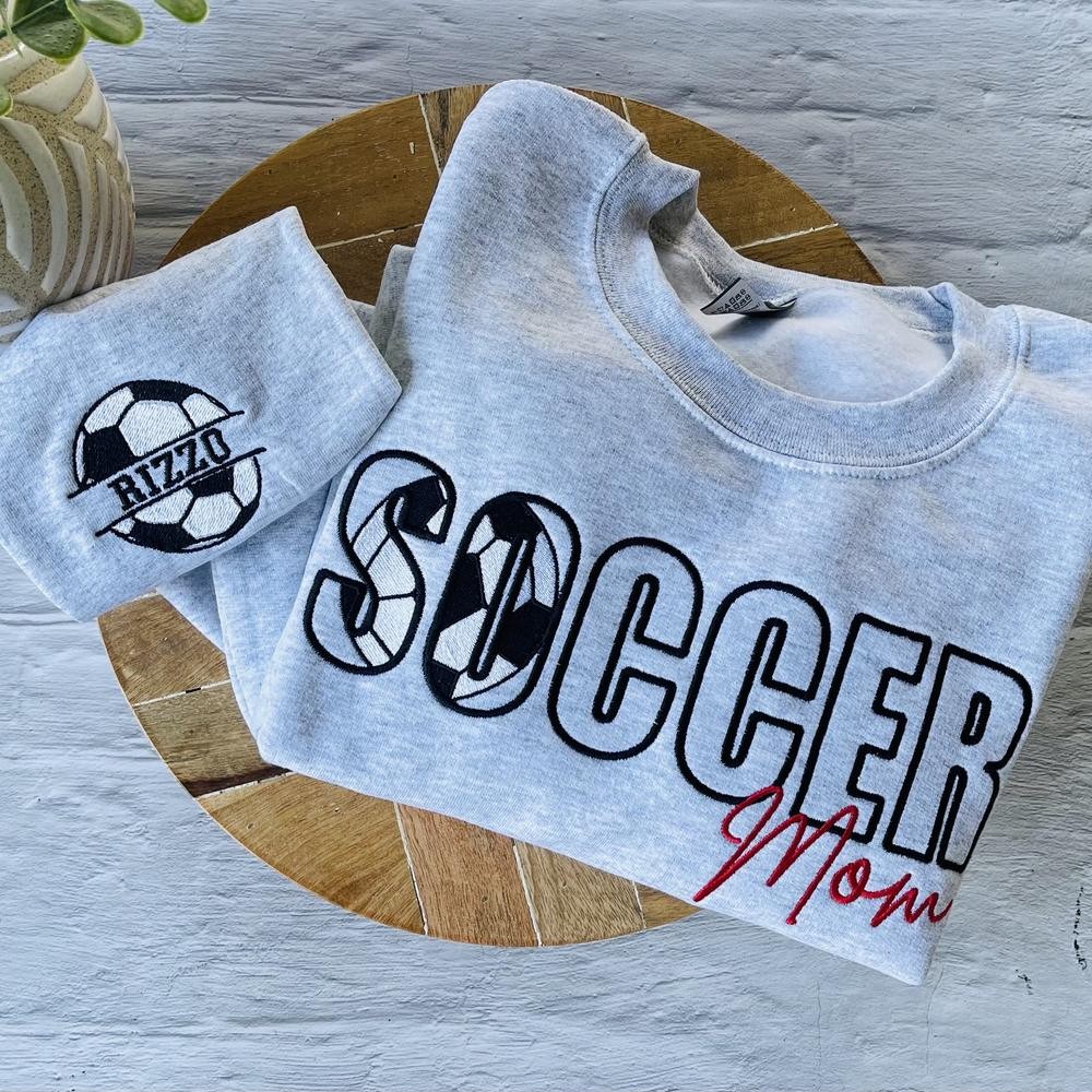 Personalized Embroidered Soccer Mom Sweatshirt with Kids Name on Sleeve Mothers Day Gifts