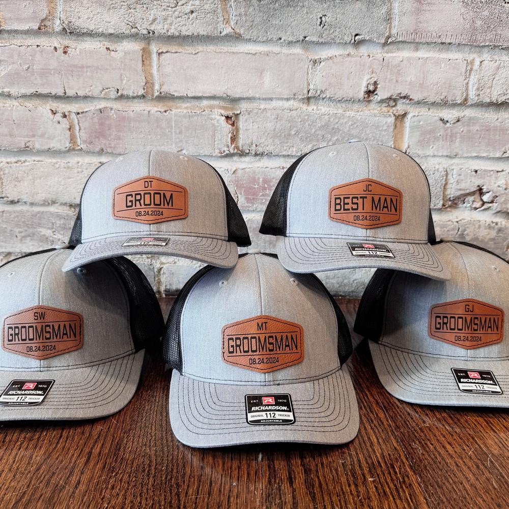 Personalized Grooms Leather Patch Hat with Initials and Wedding Date Groomsman Trucker Hat Wedding Party Hat Wedding Announcement