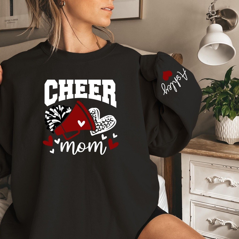 Personalized Cheer Mom Sweatshirt with Kids Name on Sleeve Cheer Competition Outfit Mothers Day Gifts