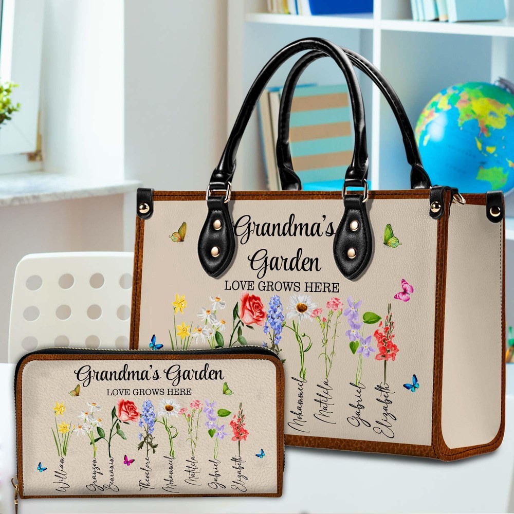 Personalized Birth Month Flowers Grandmas Garden Handbags with Family Names Mother's Day Gift