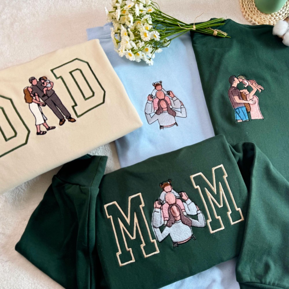 Personalized Embroidered Dad Portrait Hoodie with Kids Names on Sleeve Dad Drawing Sketch Sweatshirt Fathers Day Gift