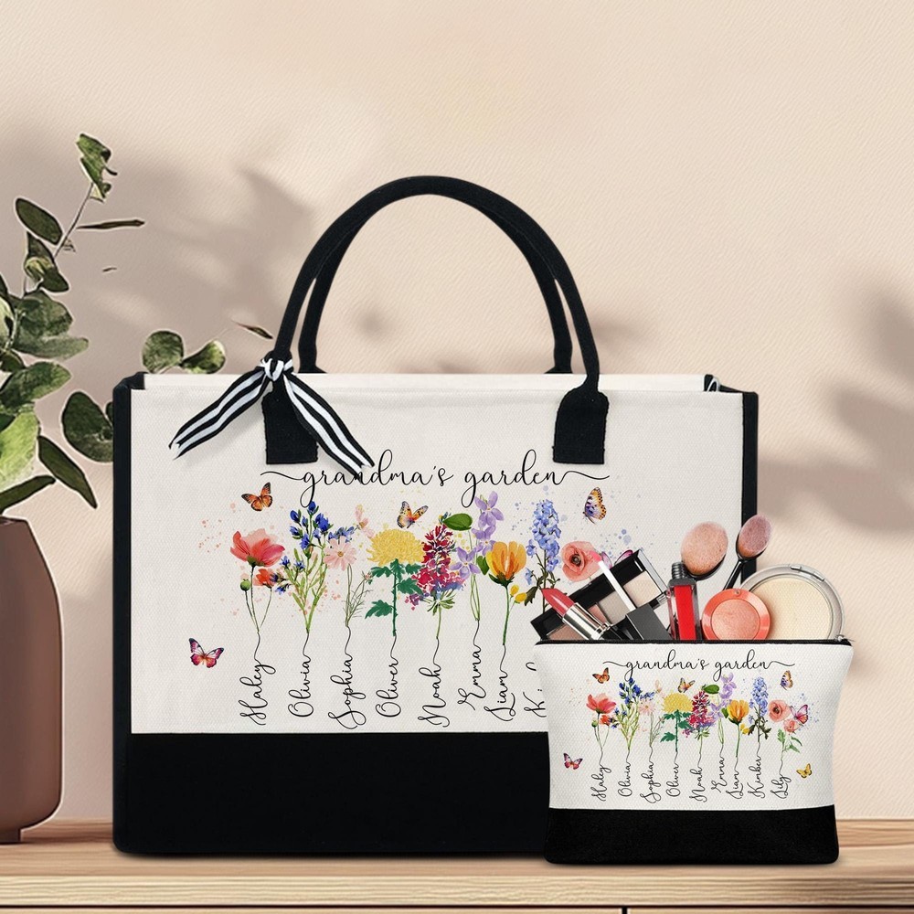 Personalized Birth Month Flowers Tote Bag Grandmas Garden Makeup Bag with Kids Names Mother's Day Gift