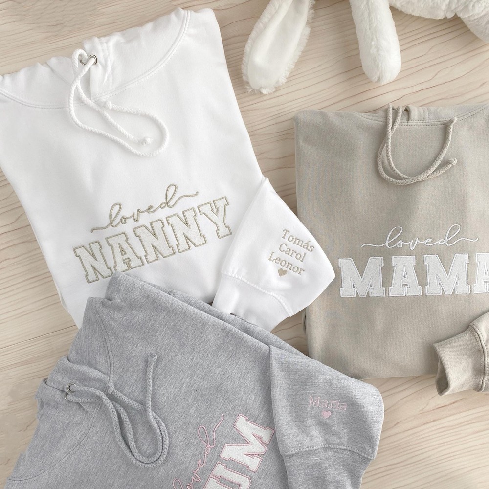 Personalized Embroidered Mama Sweatshirt with Kids Name on Sleeve Glitter Applique Hoodies Mothers Day Gifts