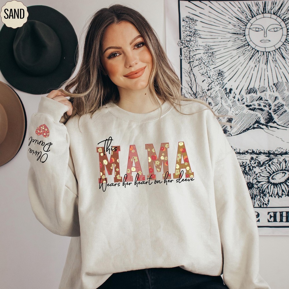 Personalized This Mama Wears Her Heart On Her Sleeve Sweatshirt Floral Mama Sweatshirt with Kids Name on Sleeve Mother's Day Gift