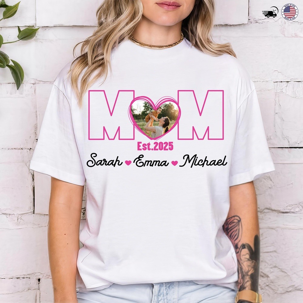 Personalized Mom Photo Memory Tee Shirt with Kids Name Est Year T-Shirt Mothers Day Gifts