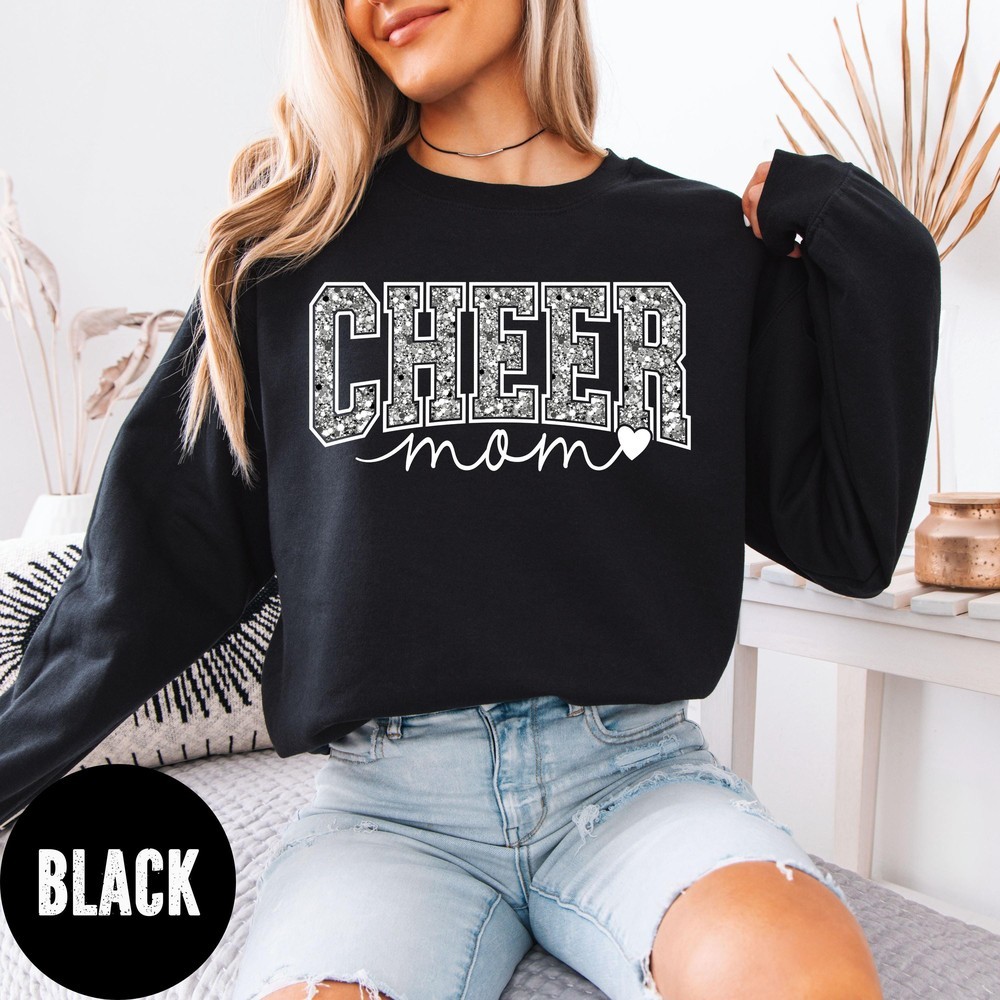 Personalized Glitter Cheer Mom Sweatshirt with Kids Name on Sleeve Cheer Competition Outfit Mothers Day Gifts