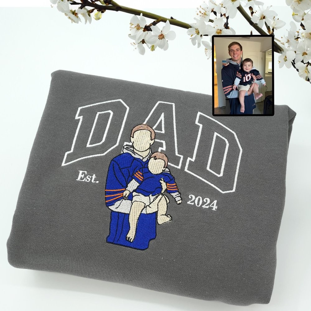 Personalized Dad Embroidered Portrait Hoodie with Kids Names on Sleeve New Dad Drawing Sweatshirt Fathers Day Gift