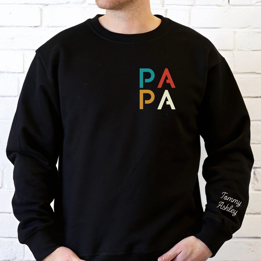 Personalized PAPA Hoodie with Kids Names on Sleeve Cool Dad Sweatshirt Father's Day Gift