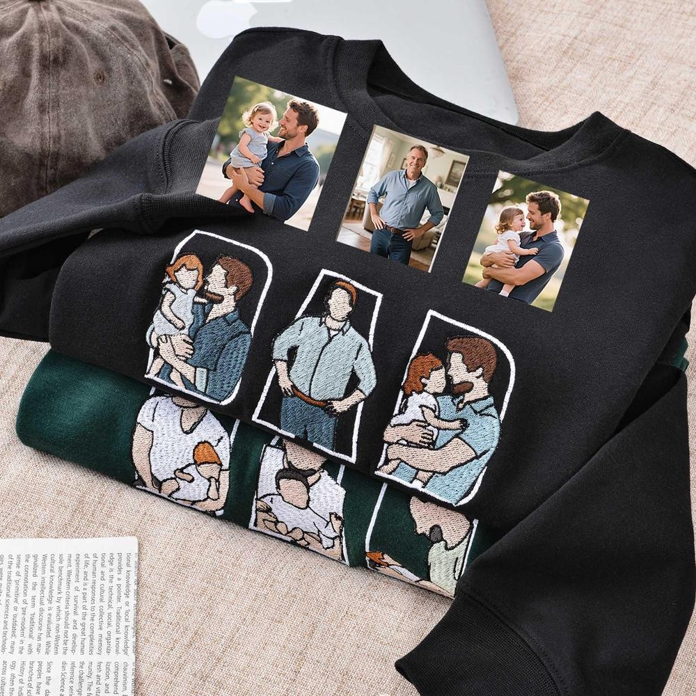 Personalized Embroidered Dad Portrait Sweatshirt with Kids Name on Sleeve New Dad Hoodie Fathers Day Gift