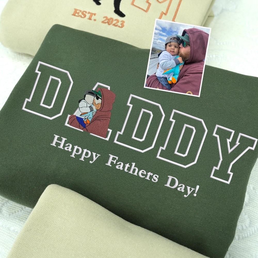 Personalized Dad Embroidered Portrait Hoodie with Kids Name on Sleeve New Dad Drawing Sweatshirt Meaningful Father's Day Gift