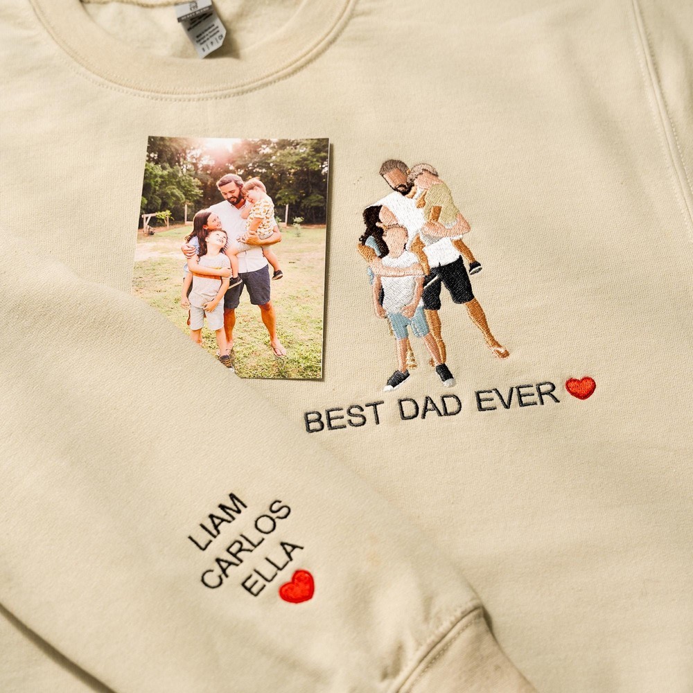 Personalized Embroidered Portrait Best Dad Hoodie with Kids Name on Sleeve New Dad Drawing Sweatshirt Fathers Day Gifts