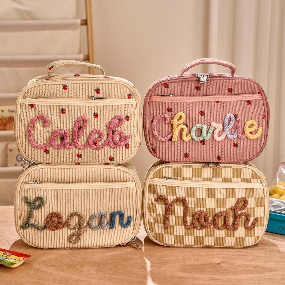 Personalized Kid School Lunch Bag with Yarn Name Toddler Handmade Lunchbox Bag Back to School Essential