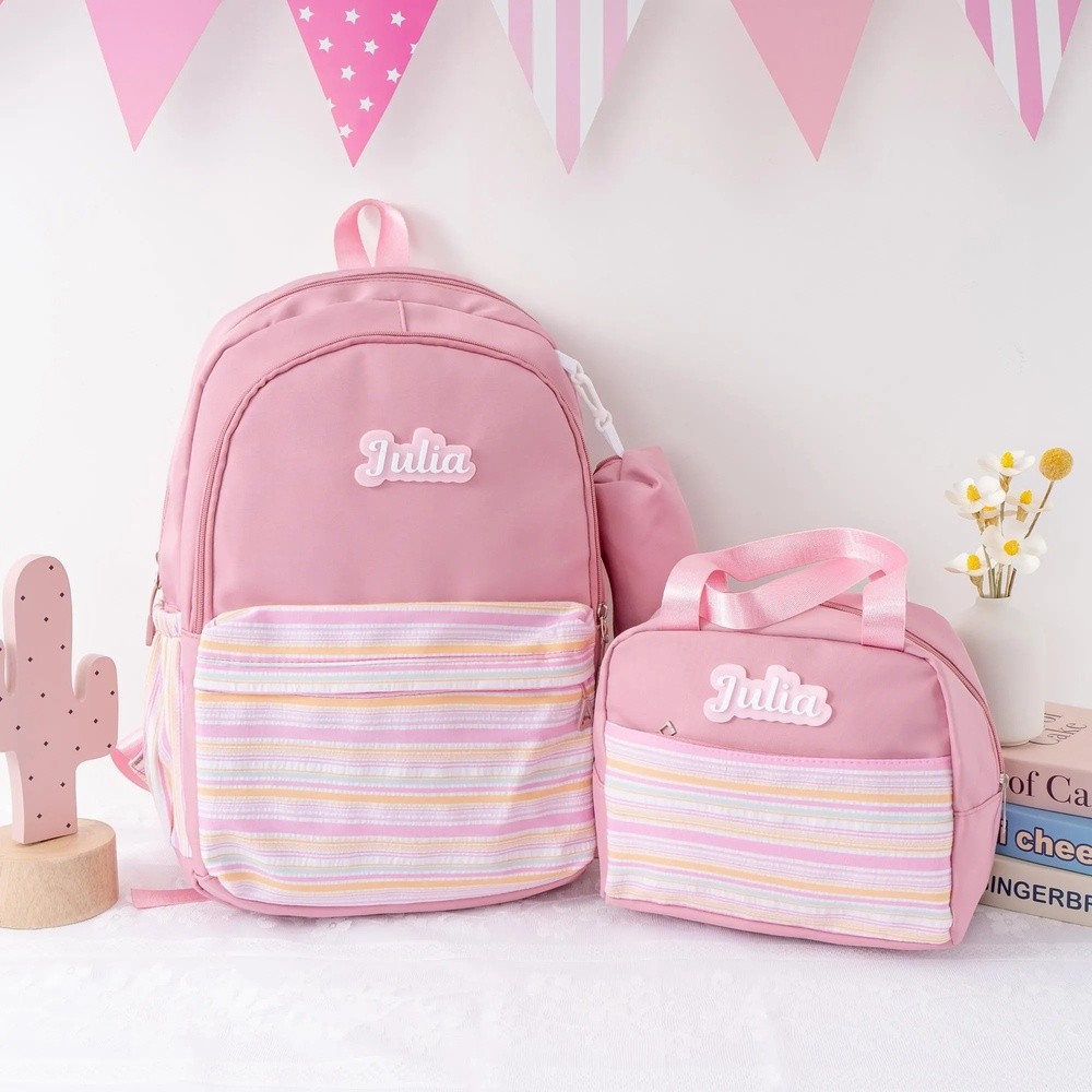 Personalized Kid Backpack Set for Girls with Name Pink School Backpack Lunch Bag Back to School Gift