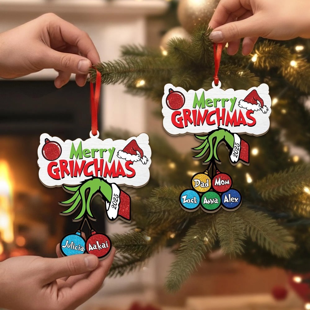 Personalized Grinch Ball Christmas Wooden Ornament Family Name Xmas Tree Hanging Decor