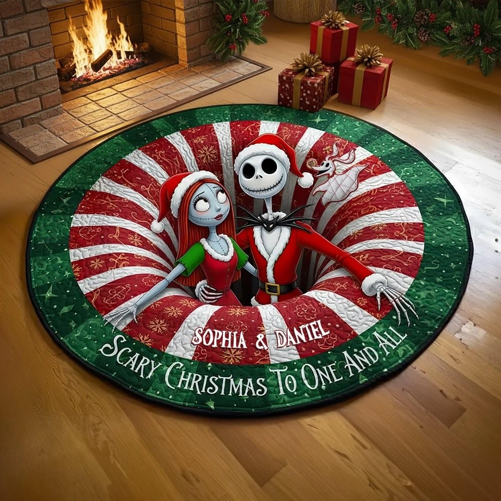 Personalized Christmas Spooky Cartoon Couple Round Mat Welcome Rug Christmas Rug Decor Gift For Husband
