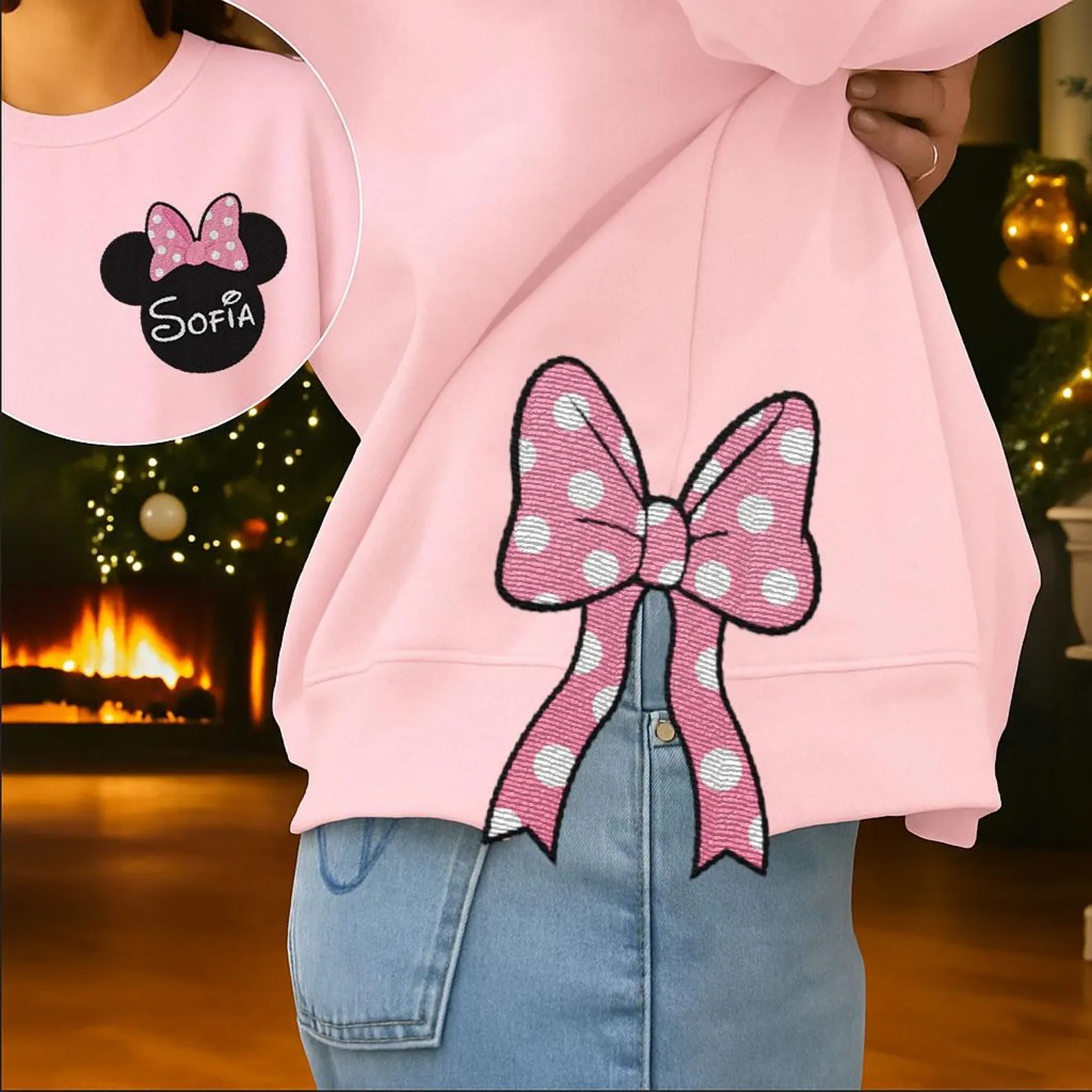 Personalized Embroidered Christmas Side Bow Cut-Out Sweatshirt with Name Christmas Embellished Funny Sweatshirt Christmas Gifts